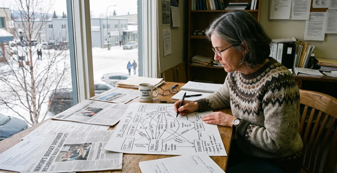 Un chercheur relie des notes et des coupures de presse sur un schéma dessiné à la main pour cartographier les positions d'un débat canadien.