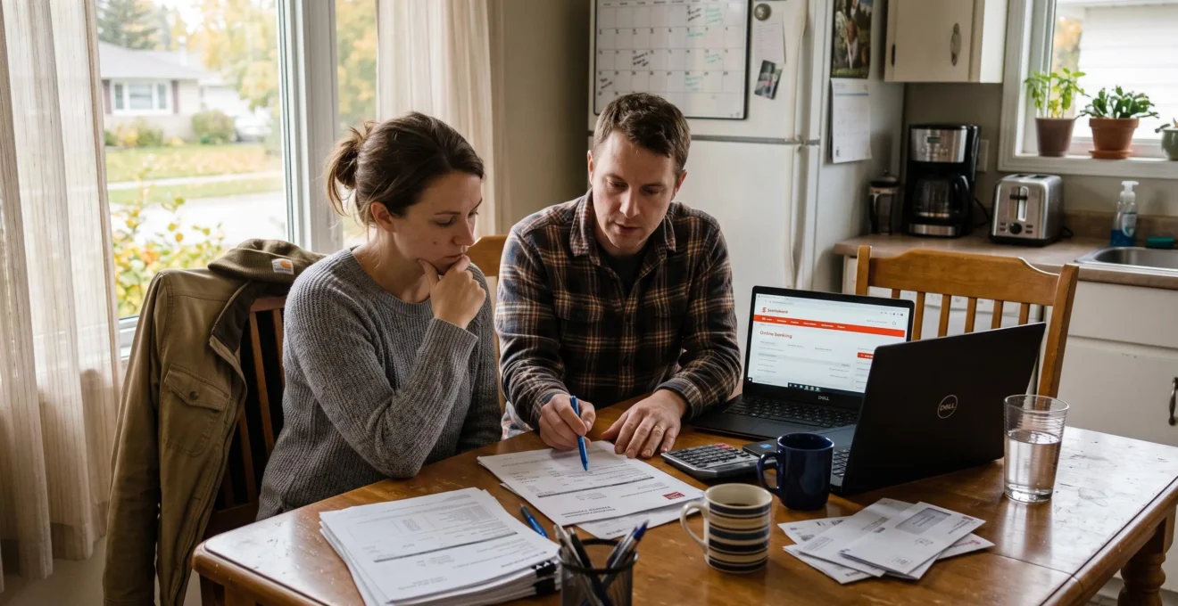 Un couple est assis à la table de la cuisine et examine ensemble des documents de renouvellement hypothécaire, l'un pointant une ligne avec un stylo.