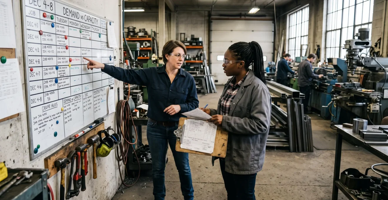 Une dirigeante et un superviseur examinent un planning de production affiché dans un atelier de fabrication canadien.