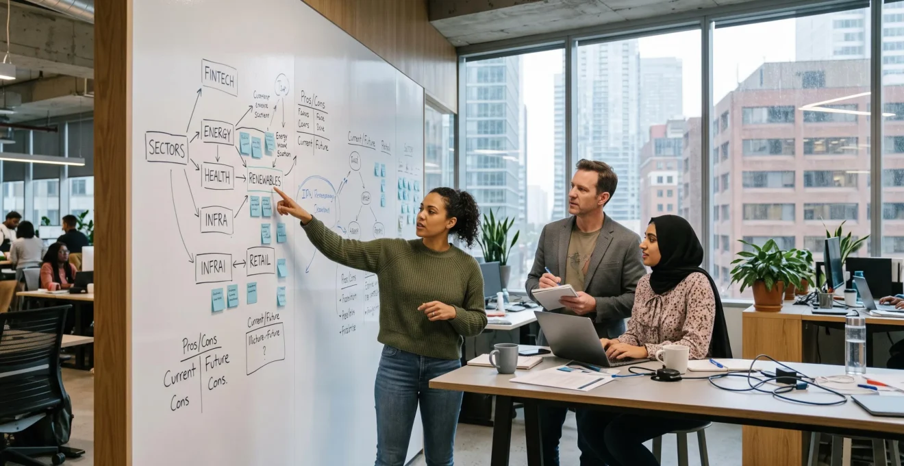 Une équipe de travail discute devant un tableau blanc rempli de notes sur des secteurs d'activité, dans un bureau en hauteur avec vue sur des immeubles.