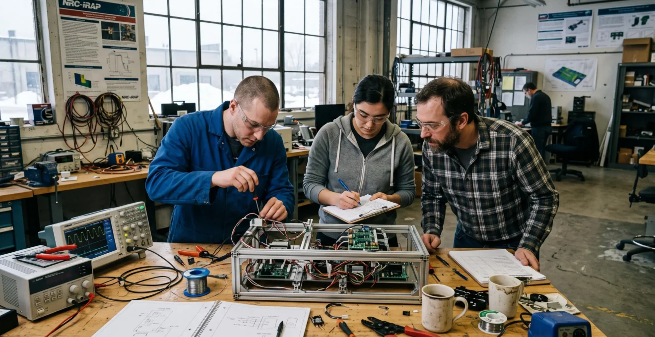Une équipe d'ingénieurs teste un prototype sur un banc de travail équipé d'instruments de mesure dans un laboratoire de recherche et développement.