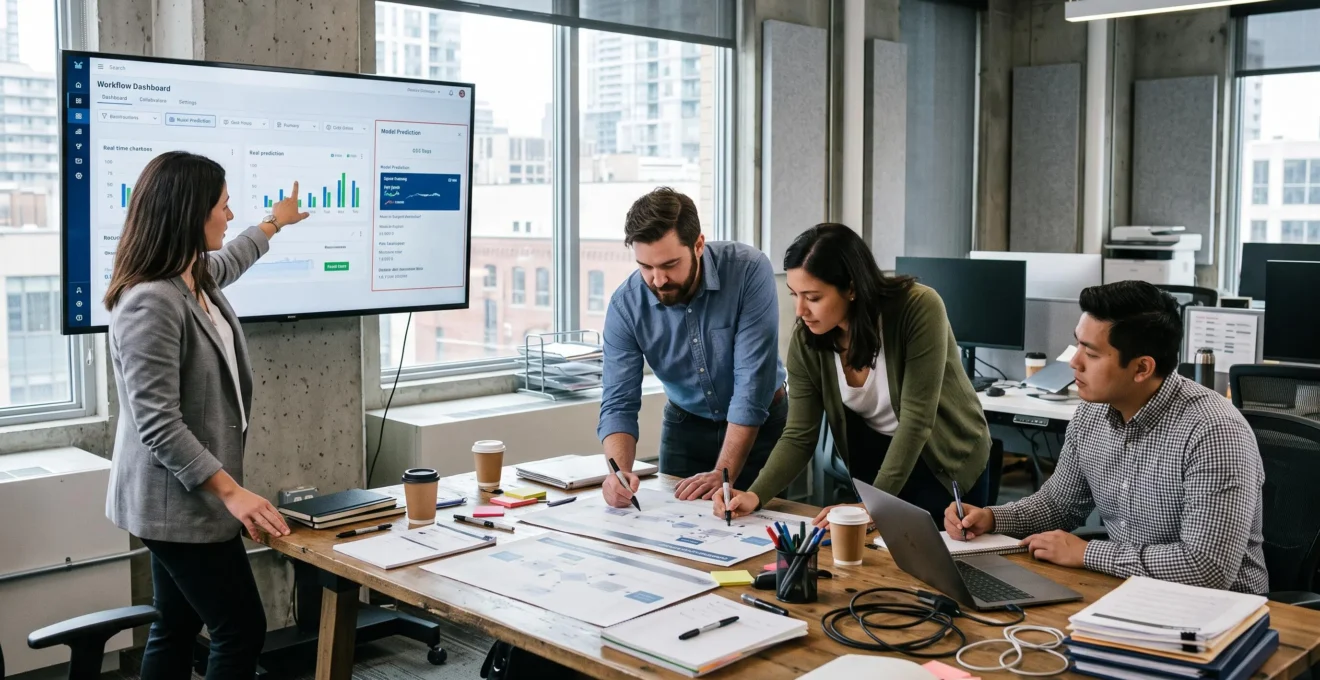 Une équipe de travail dans un bureau canadien réorganise un processus d'entreprise autour d'un tableau de bord d'intelligence artificielle affiché sur grand écran.