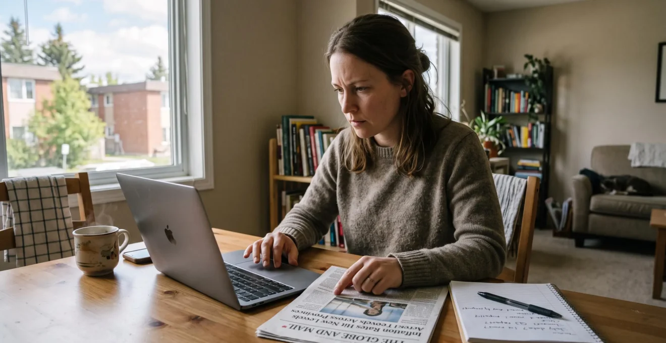 Une femme compare un article de journal imprimé avec des informations affichées sur son ordinateur portable, en prenant des notes à une table de cuisine.