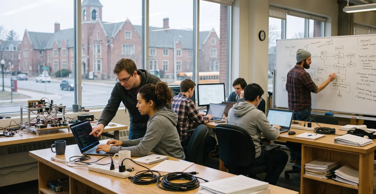 Des jeunes ingénieurs travaillant ensemble dans un espace d'incubation technologique avec vue sur le campus universitaire voisin.