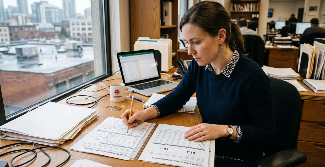 Une journaliste de données annote deux rapports statistiques imprimés, comparant une moyenne nationale avec une répartition régionale dans un bureau canadien.