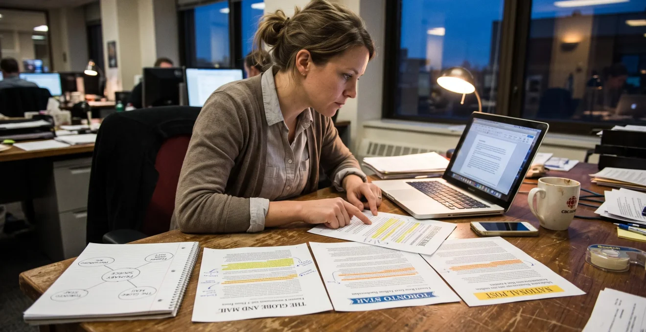 Une journaliste assise à son bureau compare plusieurs articles imprimés et un écran d'ordinateur, avec des annotations manuscrites et des passages surlignés.
