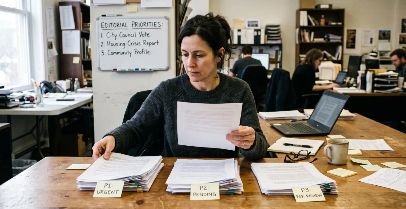 Une journaliste trie des documents imprimés en plusieurs piles hiérarchisées sur une table de travail dans une salle de rédaction éclairée à la lumière naturelle.