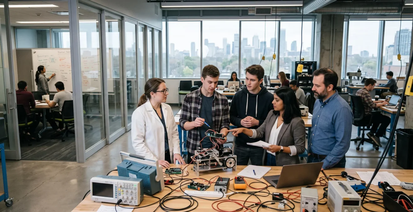 Des chercheurs et des fondateurs d'entreprise examinent ensemble un prototype dans un laboratoire d'incubateur universitaire canadien.