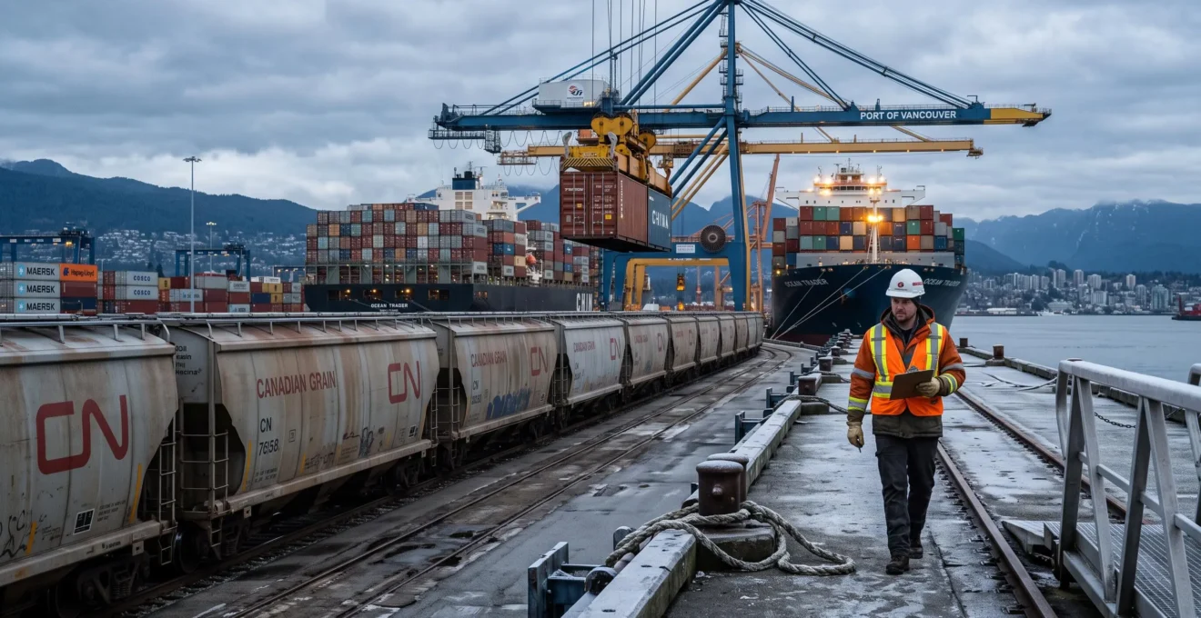 Un travailleur portuaire canadien marche le long d'un quai où un train de wagons céréaliers et un navire porte-conteneurs attendent le chargement des exportations.