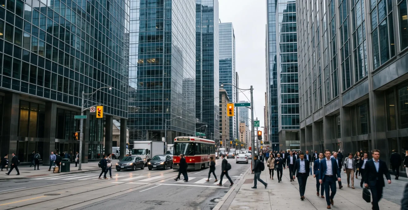 Vue au niveau de la rue sur les tours de bureaux du quartier financier de Toronto avec des piétons en vêtements de travail en déplacement le matin.