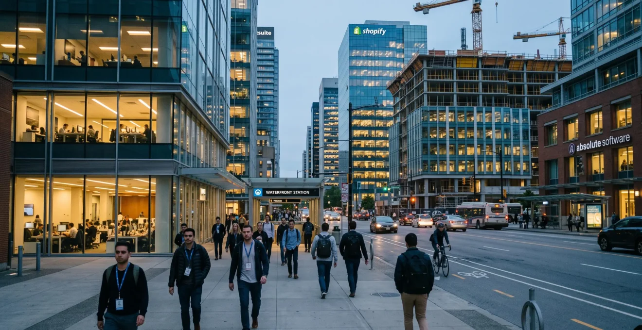 Vue urbaine d'un quartier d'affaires technologique nord-américain au crépuscule, avec des tours de bureaux, un chantier en cours et des piétons quittant les immeubles.
