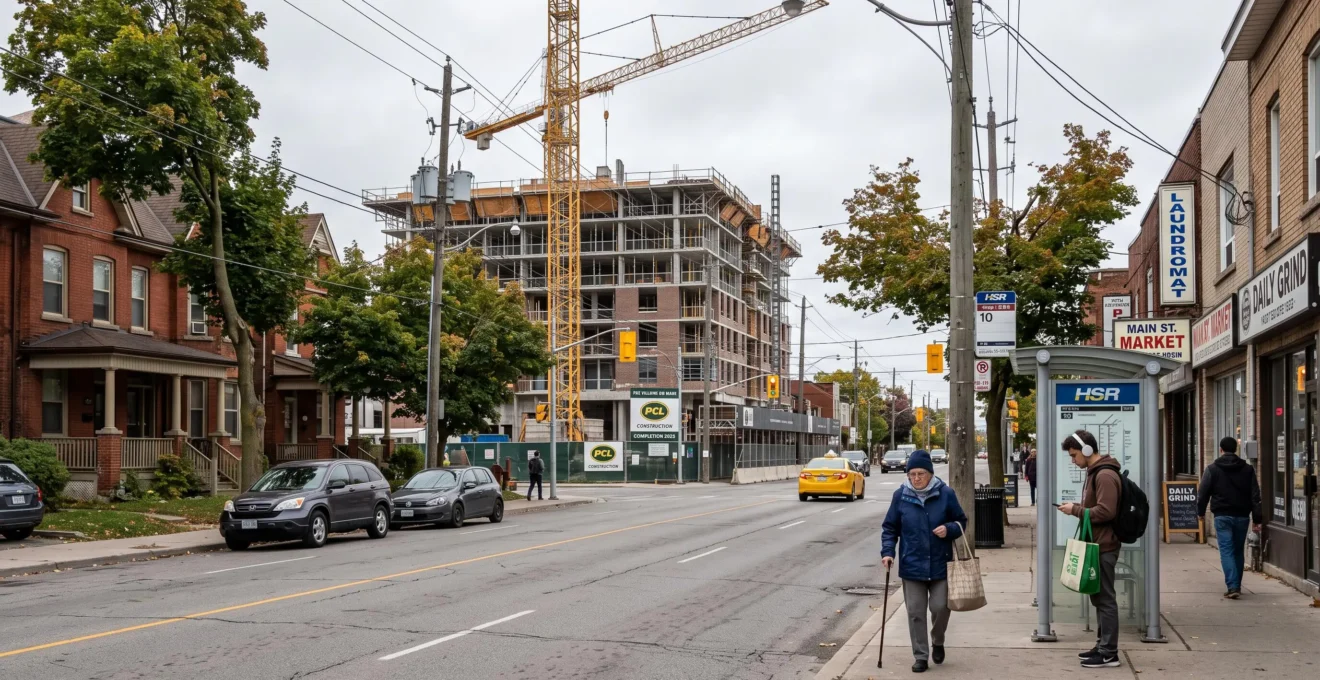 Une rue d'une ville canadienne où un immeuble résidentiel en construction côtoie des maisons anciennes et des passants de générations différentes.