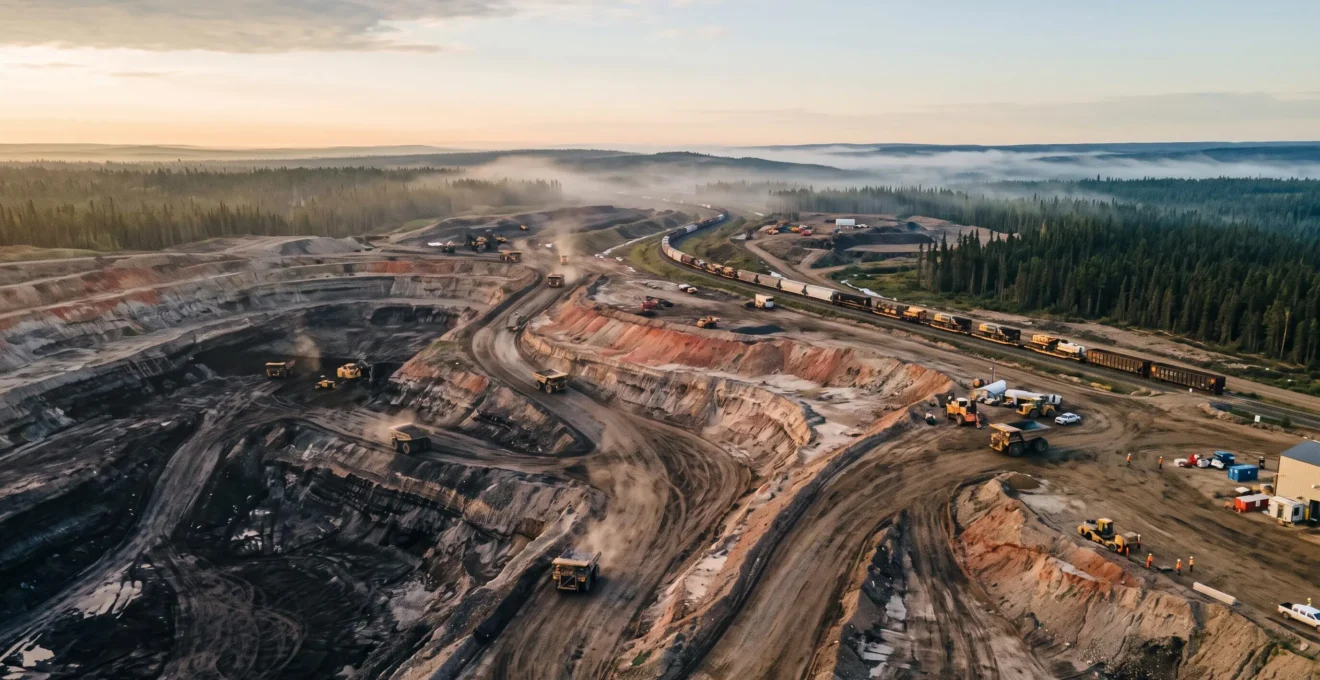 Vue large d'un site d'extraction de ressources naturelles dans l'Ouest canadien au petit matin, avec engins miniers, camions et voie ferrée entourés de forêt boréale.