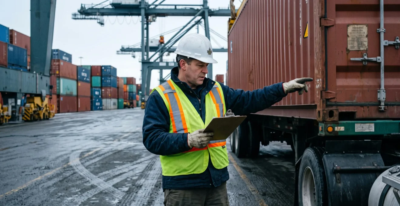 Un employé en gilet de sécurité vérifie un conteneur de marchandises dans un terminal portuaire canadien au petit matin.