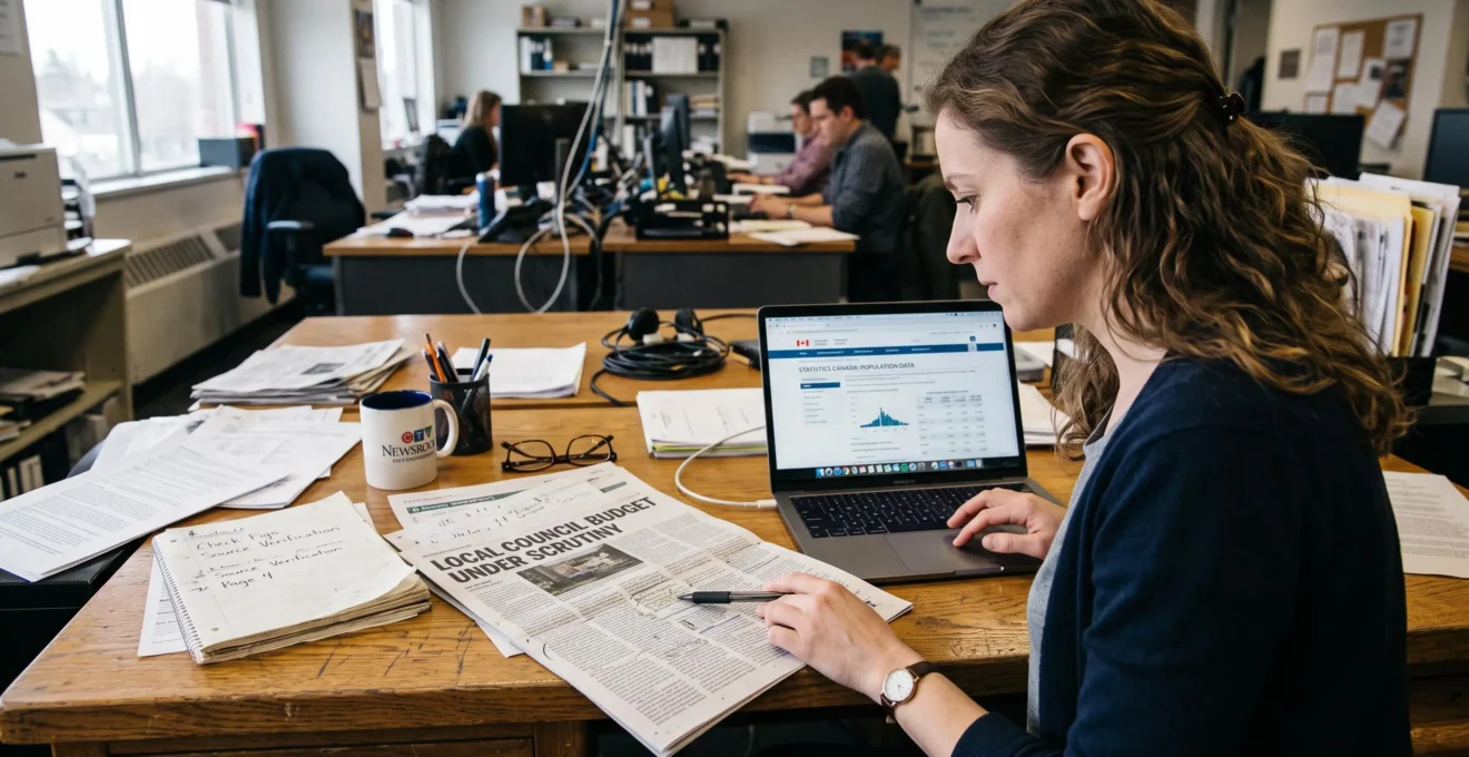 Un vérificateur de faits compare un article de journal imprimé avec une source officielle affichée sur son ordinateur portable dans une salle de rédaction.
