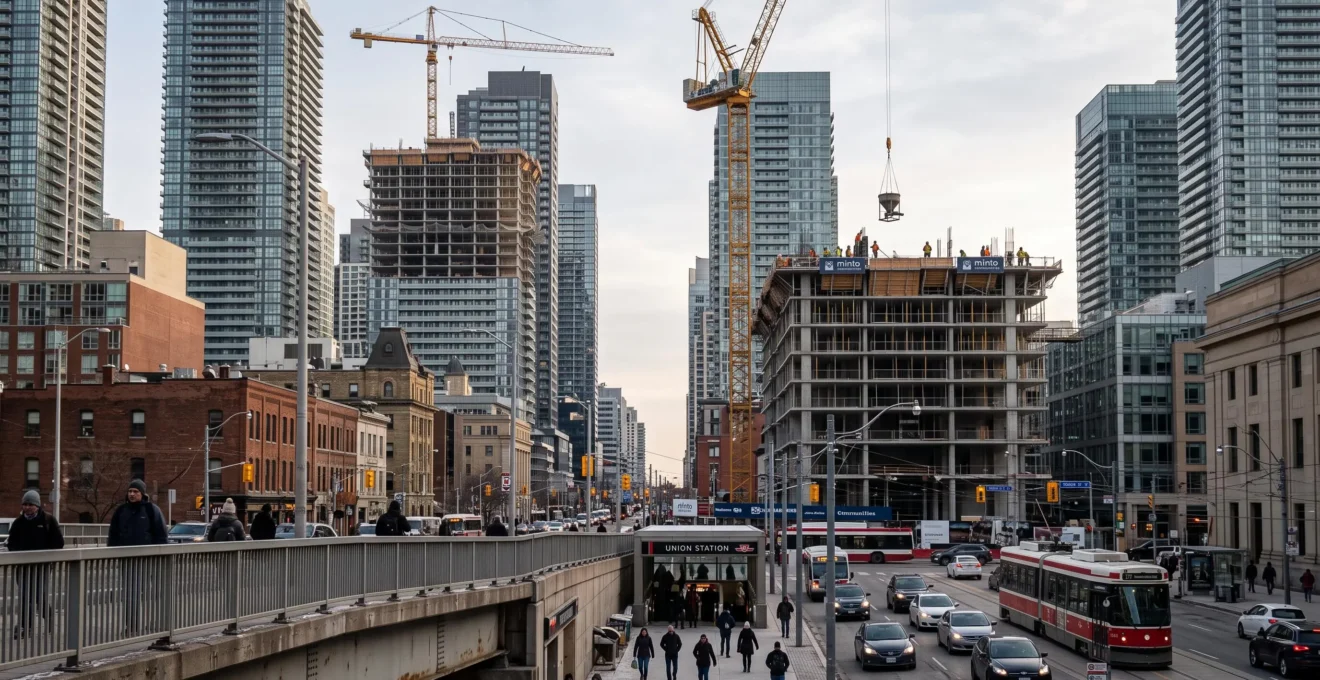 Vue large d'une ville canadienne dense où plusieurs tours résidentielles en construction s'élèvent parmi les immeubles achevés.